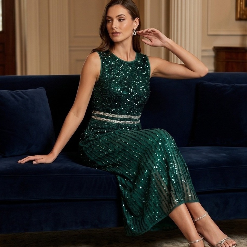 Mac Duggal 12 Art Deco‎ Sequin Emerald Green Sleeveless Midi Sheath Dress RV$498
